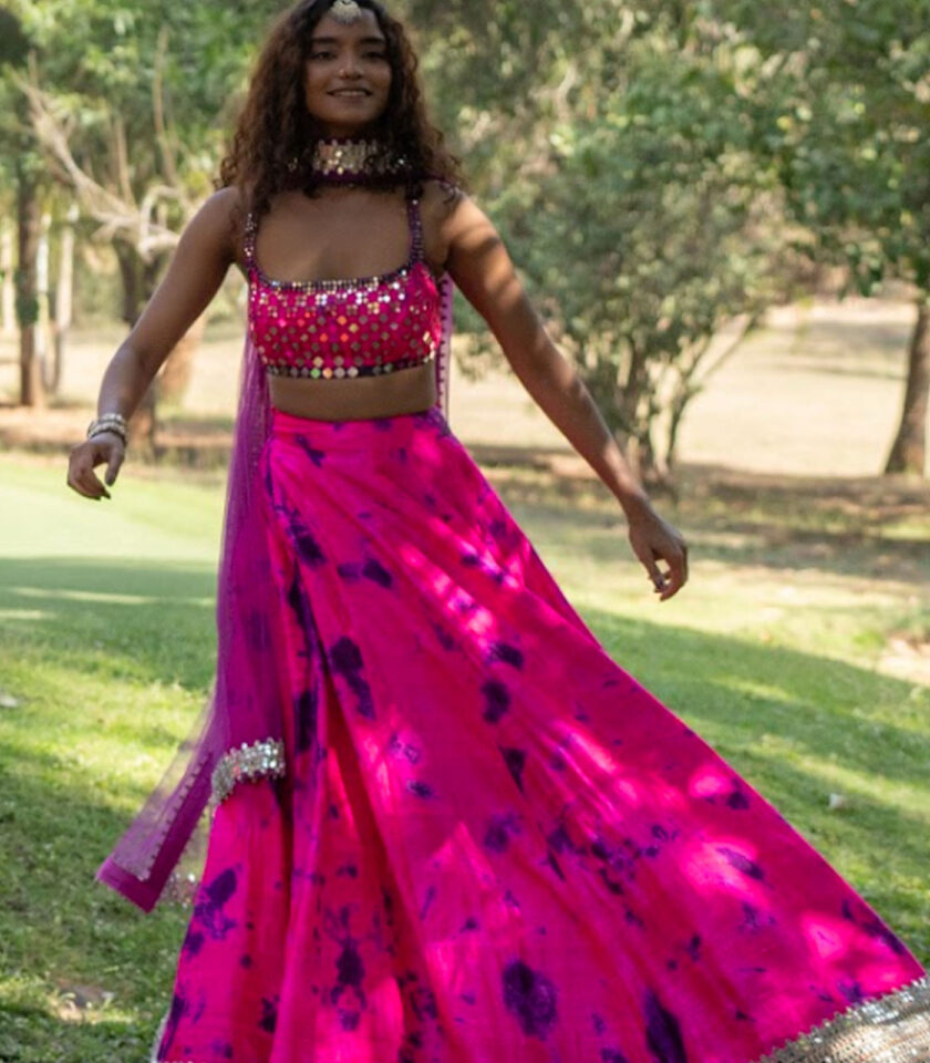 Fuchsia Raw Silk Mirror Embroidered Hand Tie-Dye Lehenga Set - Image 2