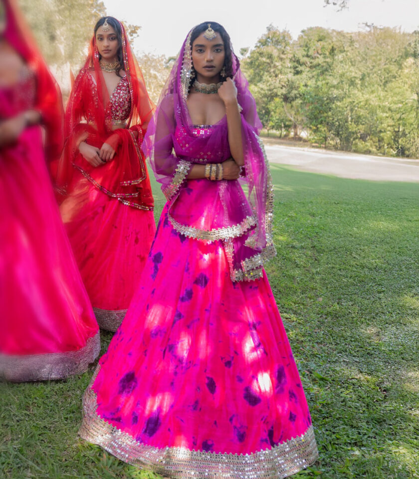 Fuchsia Raw Silk Mirror Embroidered Hand Tie-Dye Lehenga Set