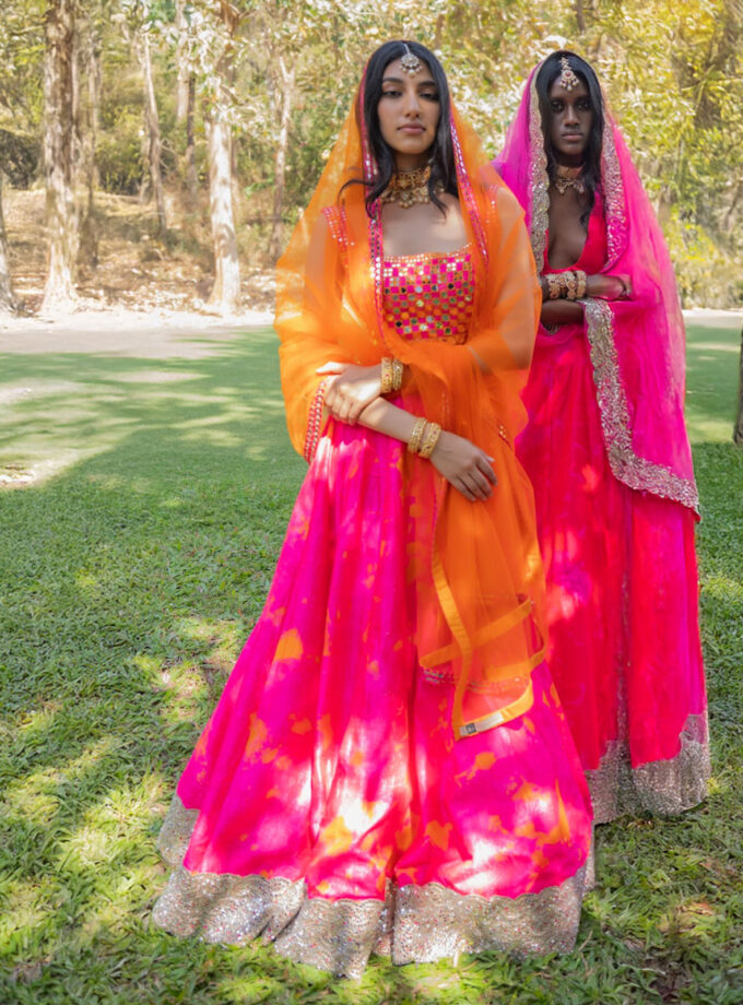 Pink Raw Silk Tie-Dyed & Mirror Work Lehenga Set