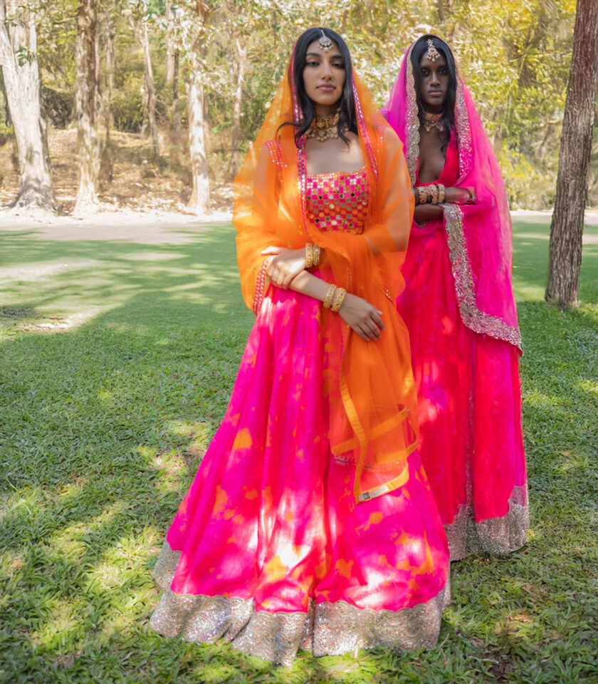 Pink Raw Silk Tie-Dyed & Mirror Work Lehenga Set